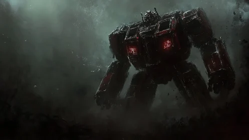 Colossal battle robot strides through smoky twilight ruins