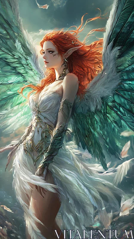 Fiery haired winged elf ascends through swirling celestial light.