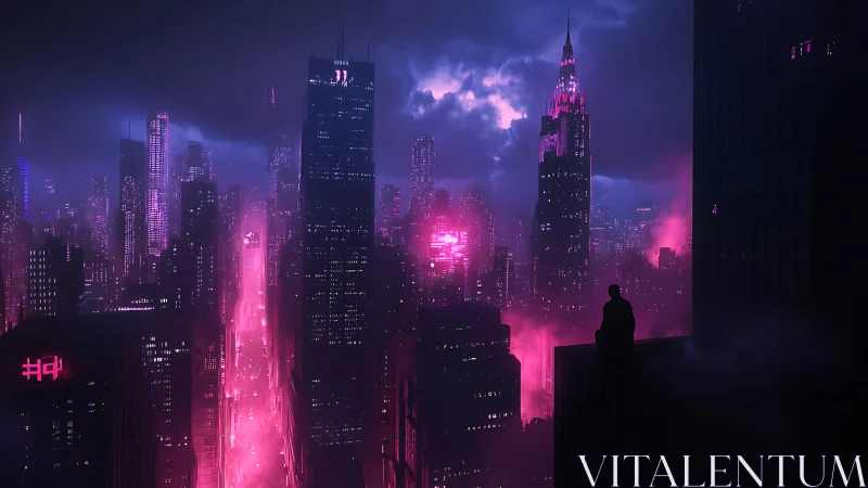 Neon magenta cyberpunk skyline isolates a lone rooftop observer