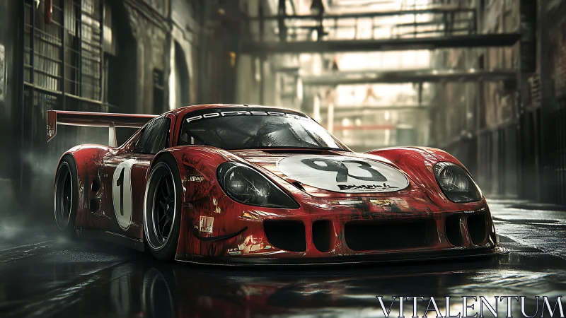 Red endurance race car waits in gritty urban alleyway.
