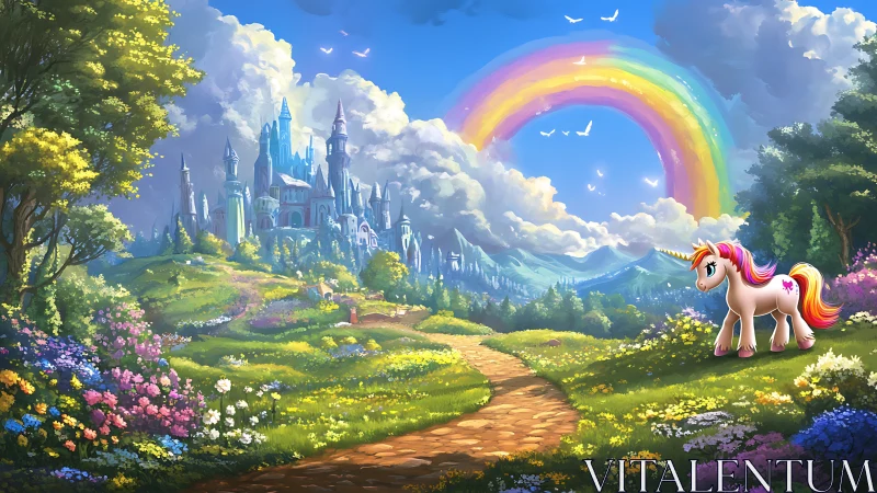 Enchanted rainbow kingdom with luminous unicorn companion.