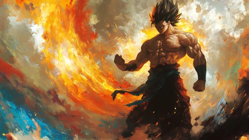 Muscular anime warrior channels swirling elemental firestorm