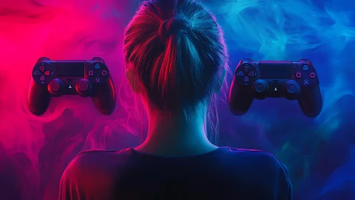 Rear view gamer with dual controllers in neon smoke field.