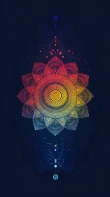 Radiant mandala blooms in a cosmic gradient on deep navy