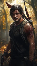 Wounded survivalist grips handgun in sunlit autumn forest