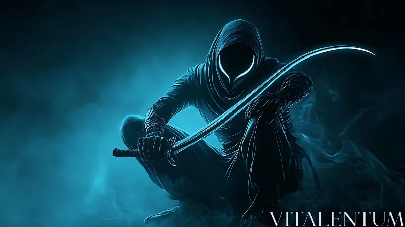 Mysterious hooded warrior resting in glowing blue shadows.