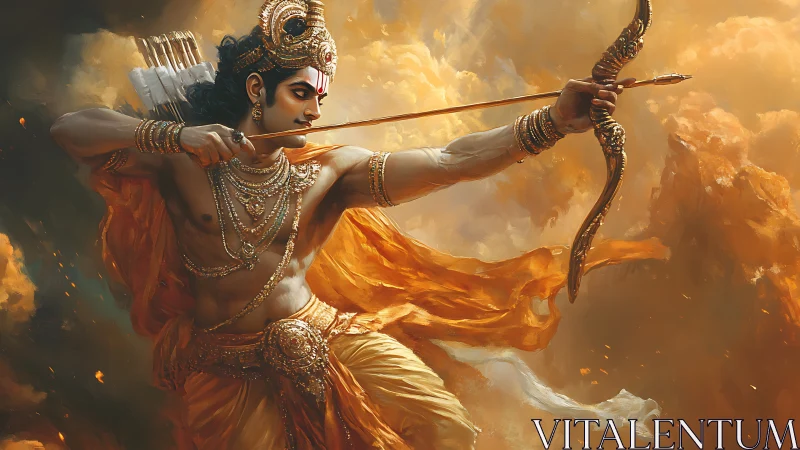 Warrior archer drawing ornate bow amid swirling golden clouds