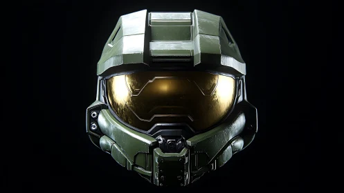 Green sci fi combat helmet with gold visor on black