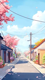 Petal-drifted alleyway dreaming beneath a cloud-bright sky.