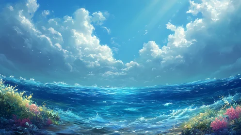 Sunlit ocean horizon under towering summer clouds.