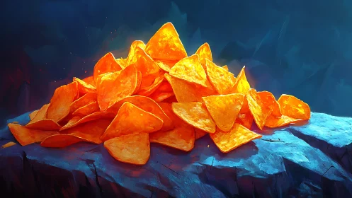 Digital painting of glowing nacho chips on rocky pedestal.