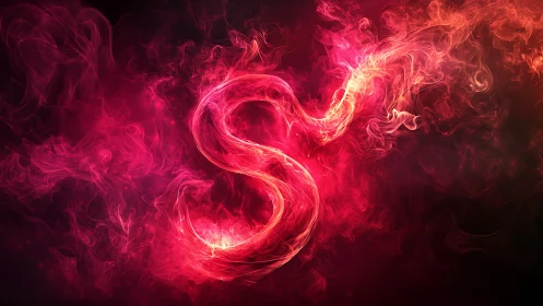 Fiery neon S twists through swirling crimson smoke.