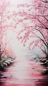 Pink cherry blossom river scene with arching trees overhead.