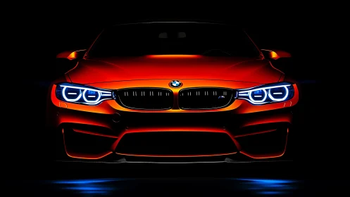 Ignited orange sports coupe stalks the darkness with neon eyes.