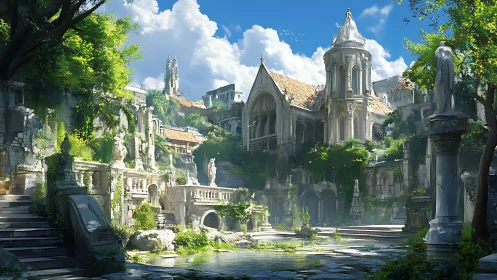 Sunlit overgrown gothic cloister ruins with reflective water garden