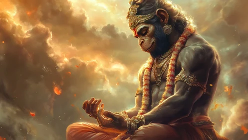 Hanuman-inspired warrior in contemplative golden light.