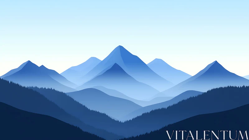 Serene blue mountain layers fade softly into a clear sky