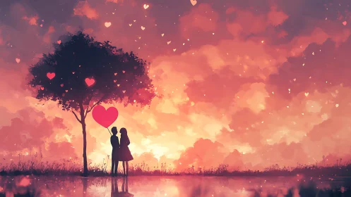 Silhouetted figures beneath love tree with heart-shaped floating particles during warm sunset gradie