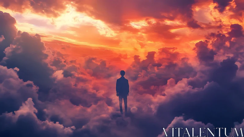 Solitary human figure standing amid dense glowing clouds.