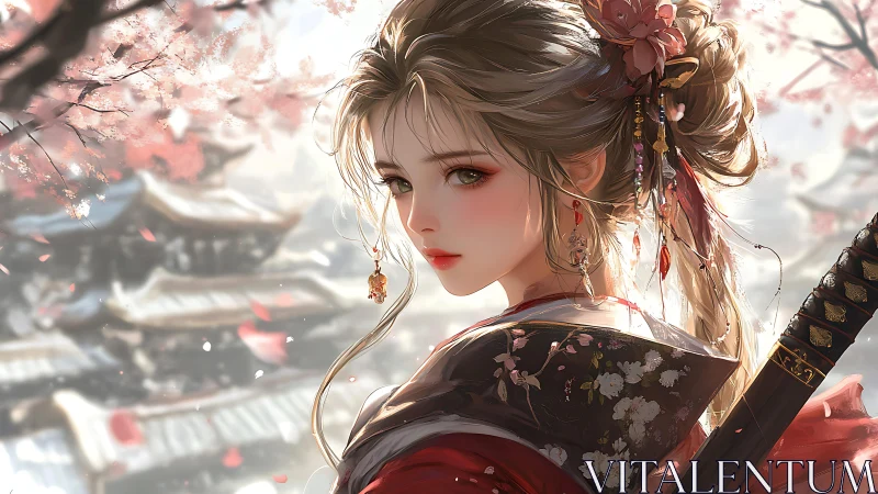 Samurai maiden amid drifting sakura in soft spring light.