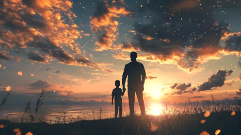 Silhouetted father and child observe luminous sunset horizon