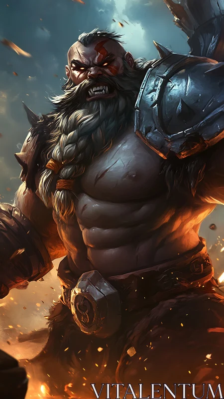 Armored bearded warrior figure amid fire and debris.