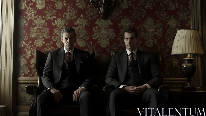 Solemn gentlemen in suits share a dimly lit parlor hush.