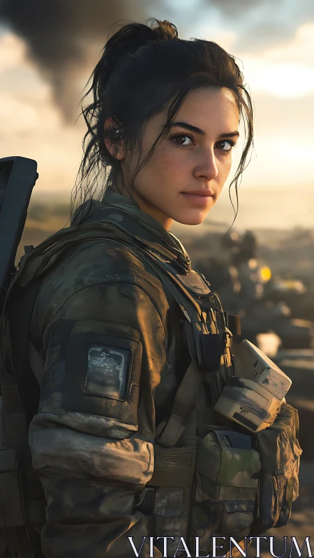 Female soldier portrait in tactical gear at sunset battlefield.