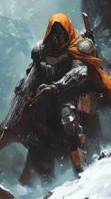 Armored sci fi ranger with rifle in harsh frozen canyon.