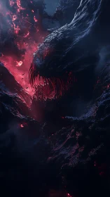 Colossal void creature emerging through molten crimson rift.