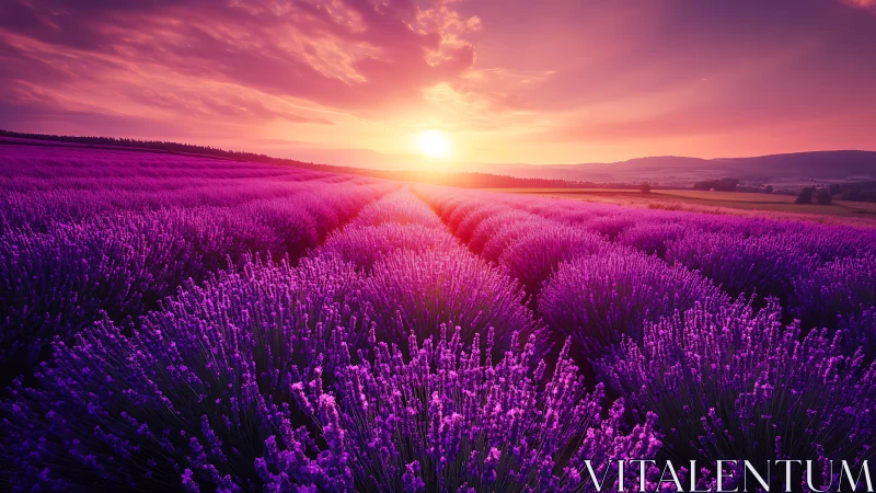 Lavender fields glow softly beneath a radiant summer sunset