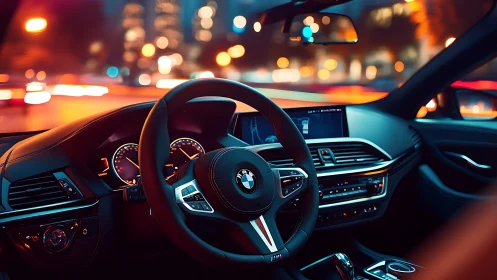 Night city drive from sleek BMW cockpit perspective.