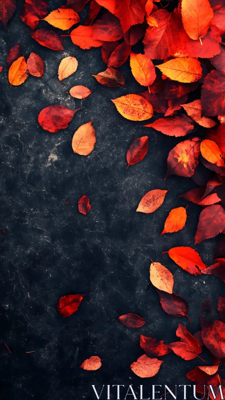 Scarlet autumn leaves scatter across a dark stone ground