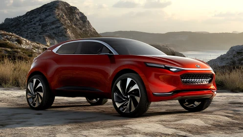 Red futuristic crossover SUV stands on coastal rocky terrain