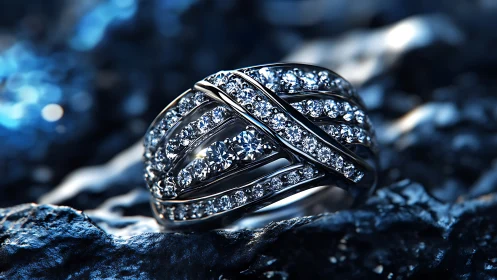 Intricate diamond pavé ring rendered in cold blue photorealism