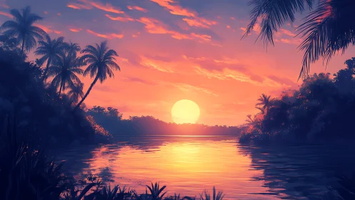 Radiant tropical sunset mirrored on tranquil jungle water.