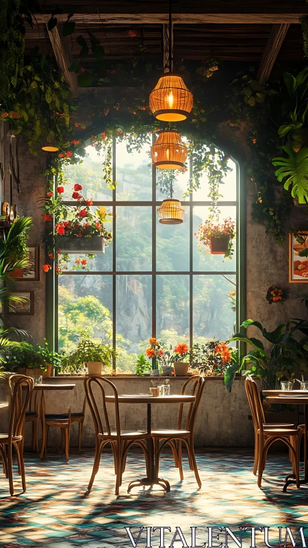 Sunlit caf&eacute; interior with plants and mountain window view.