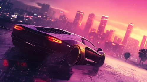 Low-angle sports car on wet urban road at dusk in rain.