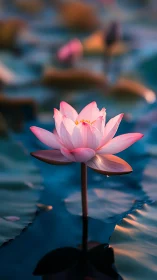 Serene pink lotus glowing over teal reflective water.