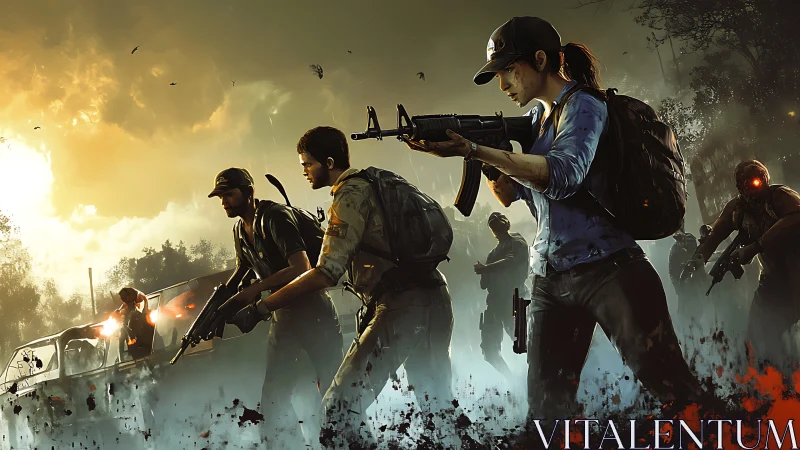 Digital painting of armed survivors in dynamic zombie pursuit.