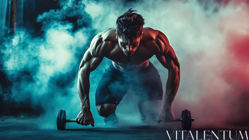 Muscular athlete training with dumbbells in dramatic smoke.