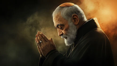 Side-lit elderly monk in prayer against volumetric bokeh haze