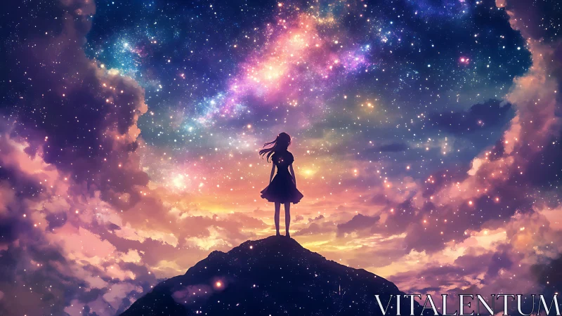 Girl stands on a twilight peak beneath a radiant cosmic sky