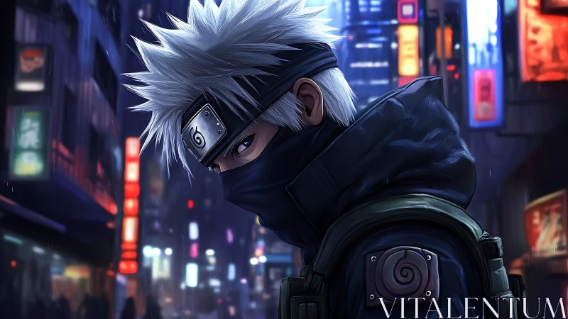 Mysterious silver haired ninja roaming a neon city night.