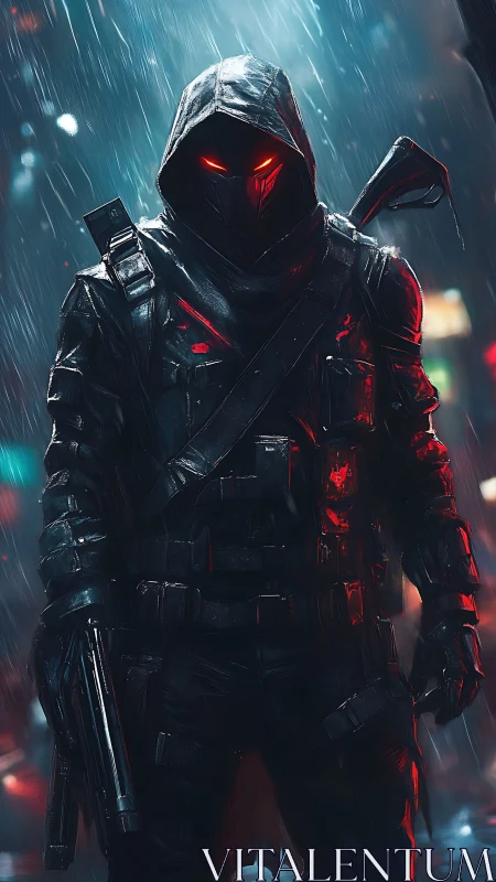 Hooded cyber assassin with glowing eyes in neon rainstorm.