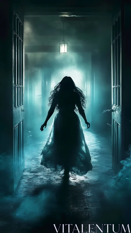 Backlit spectral silhouette in fog-dense corridor perspective.