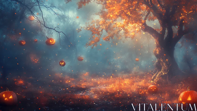 Ethereal autumn forest with levitating jack o&rsquo;lantern light sources