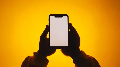 Blank smartphone screen glows against vivid orange background.