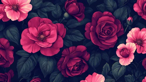 Vibrant Floral Arrangement: Pink and Red Roses on Dark Background.