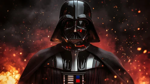 Armored dark figure stands before blazing ember storm